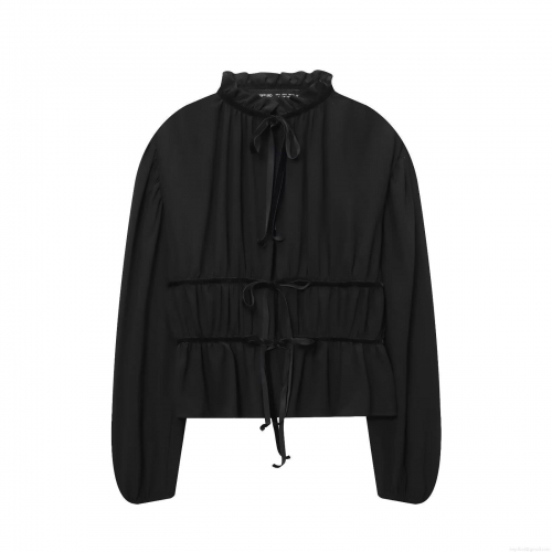 Elegant Women's Black Chiffon Blouse Ruffle Stand Collar Bow Tie Smocked Waist Long Lantern Sleeve Shirt Sweet Solid Color Top For Date Party