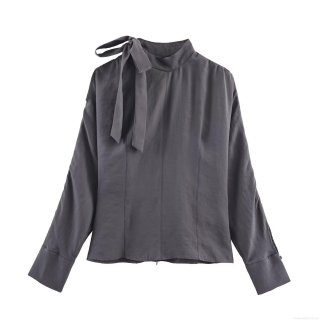 Elegant Women's Satin Polyester Blouse Featuring Shoulder Slit And Bow Tie Mock Neck Long Sleeve Casual Top For Office Party Dating Grey