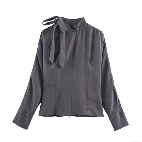 Elegant Women's Satin Polyester Blouse Featuring Shoulder Slit And Bow Tie Mock Neck Long Sleeve Casual Top For Office Party Dating Grey