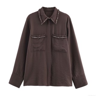 Women's Elegant Satin Texture Long Sleeve Shirt Coffee Color Trim Detail Blouse With Chest Pockets For Office Lady Daily Fashion Casual Single Breasted Tops
