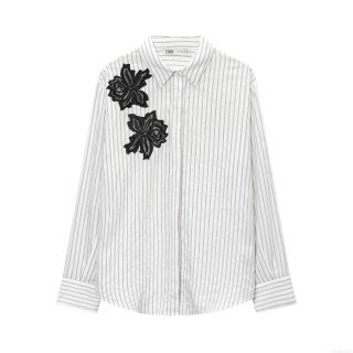 Women Fashion Striped Long Sleeve Shirt With Black Floral Lace Embroidery Elegant Casual Button Down Polyester Cotton Blouse Top