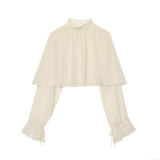 Women Elegant Mock Neck Chiffon Blouse Double Layered Cape Design Top Long Lantern Sleeve Pleated Ruffle Cuffs Solid Color Casual Party Shirt For Lady