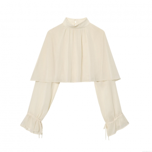 Women Elegant Mock Neck Chiffon Blouse Double Layered Cape Design Top Long Lantern Sleeve Pleated Ruffle Cuffs Solid Color Casual Party Shirt For Lady