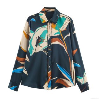 Women's Elegant Satin Abstract Floral Print Long Sleeve Blouse Turn-down Collar Office Lady Button Down Shirt Tops For Party Meeting Daily Wear