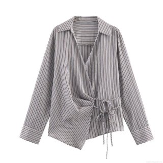 Women's Striped Long Sleeve V-Neck Casual Blouse With Side Bow Tie Asymmetrical Hem Fashion Polyester Stripes Button Down Shirt For Daily Wear