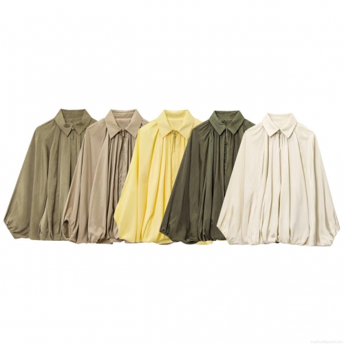 Women's Retro Lantern Sleeve Blouse Oversized Pleated Polyester Zipper Front Shirt Solid Color Casual Loose Stand Collar Top