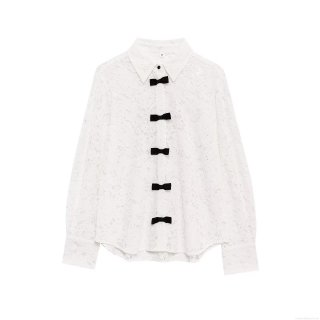 Women's Elegant White Floral Lace Long Sleeve Blouse Featuring Contrast Black Bow Decoration Sweet Shirt Collar Button Down Top For Daily Dating