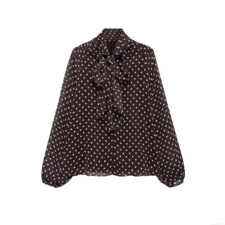 Women's Vintage Polka Dot Chiffon Blouse Elegant Bow Tie Neck Lantern Long Sleeve Retro Pullover Top For Office Lady Casual Daily Wear