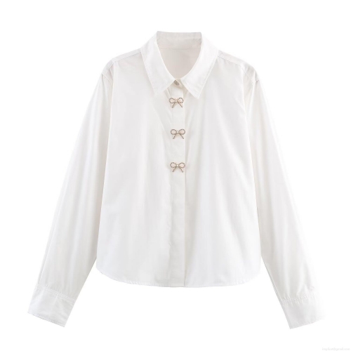 Women's Bow Jewel Button Poplin Shirt Elegant Long Sleeve Blouse White Top With Rhinestone Faux Pearl Buttons For Office Party Commuting