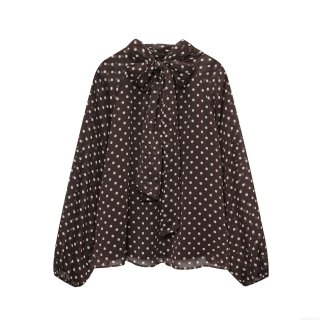 Women's Retro Polka Dot Chiffon Blouse With Big Bow Tie Neck Long Lantern Sleeve Pullover Shirt Elegant Casual Top For Office Dating