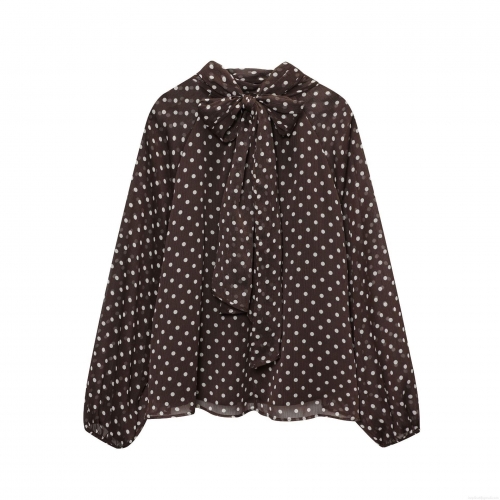 Women's Retro Polka Dot Chiffon Blouse With Big Bow Tie Neck Long Lantern Sleeve Pullover Shirt Elegant Casual Top For Office Dating