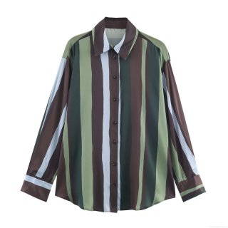 Vertical Striped Satin Blouse Women Long Sleeve Button Down Shirt Silky Polyester Tops Casual Office Wear Retro Elegant Lady Apparel