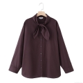 Women's 100% Cotton Poplin Blouse Elegant Solid Color Bow Tie Neck Long Sleeve Button Down Loose Shirt For Office Daily Work Wear Soft Casual Top
