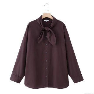Women's 100% Cotton Poplin Blouse Elegant Solid Color Bow Tie Neck Long Sleeve Button Down Loose Shirt For Office Daily Work Wear Soft Casual Top