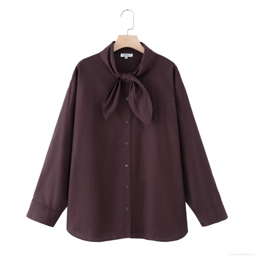 Women's 100% Cotton Poplin Blouse Elegant Solid Color Bow Tie Neck Long Sleeve Button Down Loose Shirt For Office Daily Work Wear Soft Casual Top