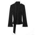 Women Elegant Satin Scarf Collar Blouse Long Sleeve Flare Cuff Pullover Shirt Solid Black Fashion Tops for Office Party
