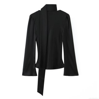 Women Elegant Satin Scarf Collar Blouse Long Sleeve Flare Cuff Pullover Shirt Solid Black Fashion Tops for Office Party