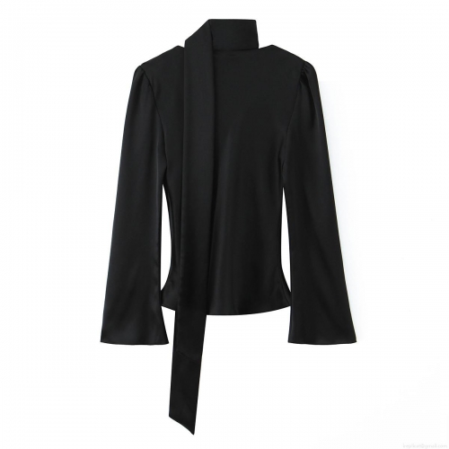 Women Elegant Satin Scarf Collar Blouse Long Sleeve Flare Cuff Pullover Shirt Solid Black Fashion Tops for Office Party