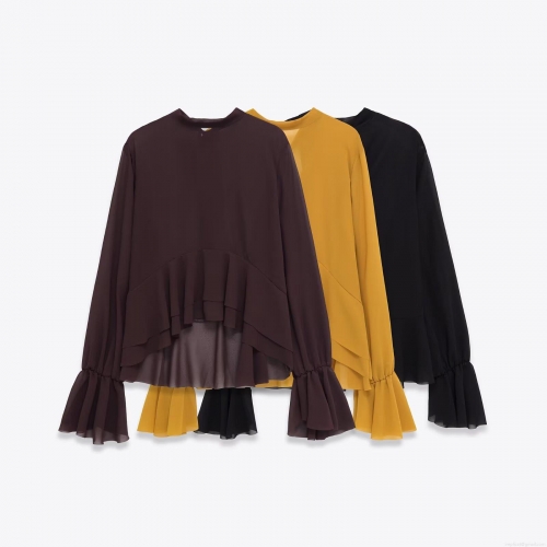 Women's Elegant Ruffle Flare Sleeve Chiffon Blouse Solid Color Round Neck Layered Design Long Sleeve Pullover Tops For Casual Party Daily Wear
