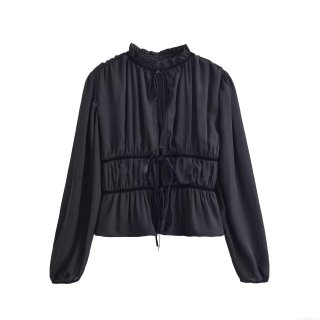 French Vintage Black Ruffle Stand Collar Tie-up Bow Blouse Women Long Lantern Sleeve Elastic Waist Peplum Top Elegant Socialite Chiffon Style Shirt