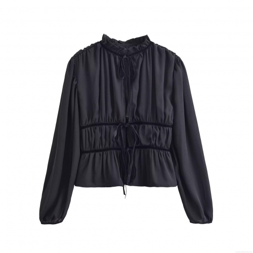 French Vintage Black Ruffle Stand Collar Tie-up Bow Blouse Women Long Lantern Sleeve Elastic Waist Peplum Top Elegant Socialite Chiffon Style Shirt