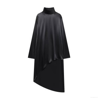 Women Elegant Black Satin Asymmetric Shirt Mock Neck Long Sleeve Cutout Pullover Blouse Longline Spliced Fashion Top For Party Evening Daily