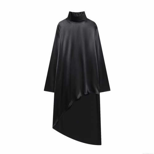 Women Elegant Black Satin Asymmetric Shirt Mock Neck Long Sleeve Cutout Pullover Blouse Longline Spliced Fashion Top For Party Evening Daily