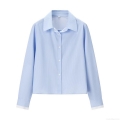 Women's Fashion Light Blue Vertical Striped Long Sleeve Blouse With Back Bow Detail White Spliced Cuffs Lapel Collar Shirt For Women Daily Wear Office Casual Sweet Style Top
