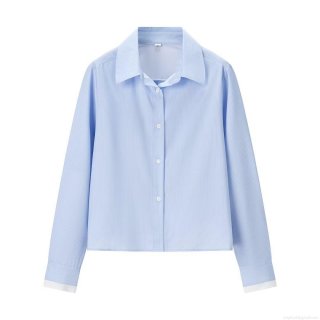 Women's Fashion Light Blue Vertical Striped Long Sleeve Blouse With Back Bow Detail White Spliced Cuffs Lapel Collar Shirt For Women Daily Wear Office Casual Sweet Style Top