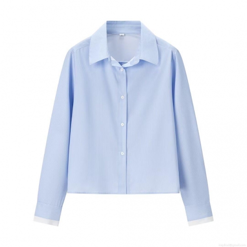 Women's Fashion Light Blue Vertical Striped Long Sleeve Blouse With Back Bow Detail White Spliced Cuffs Lapel Collar Shirt For Women Daily Wear Office Casual Sweet Style Top