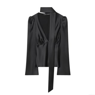 Women's Elegant Black Satin Blouse Scarf Tie Neck Long Sleeve V-Neck Shirt Fashion Silk Texture Solid Color Office Party Chic Top Acetate Lady Clothing