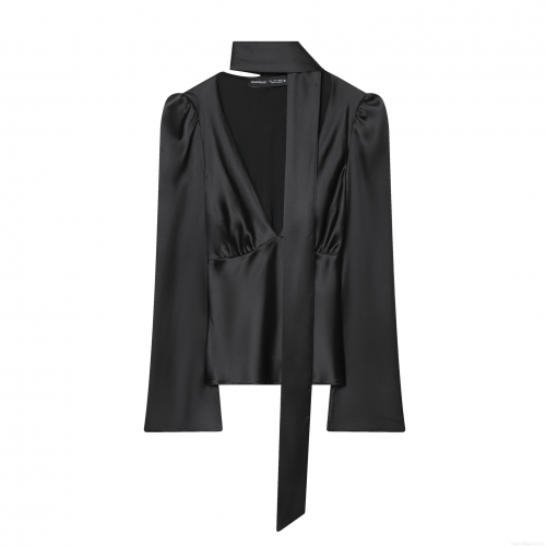 Women's Elegant Black Satin Blouse Scarf Tie Neck Long Sleeve V-Neck Shirt Fashion Silk Texture Solid Color Office Party Chic Top Acetate Lady Clothing