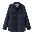 Women's Plaid Poplin Shirt 100% Cotton Long Sleeve Bow Tie Neck Scarf Collar Navy Blue Blouse Vintage Elegant Top For Women Office Lady Casual Wear