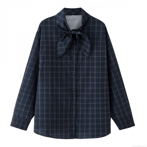 Women's Plaid Poplin Shirt 100% Cotton Long Sleeve Bow Tie Neck Scarf Collar Navy Blue Blouse Vintage Elegant Top For Women Office Lady Casual Wear