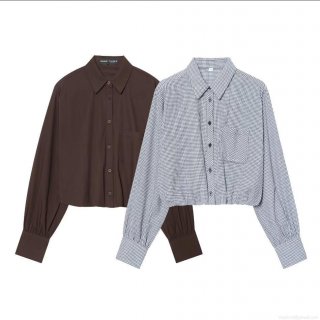 Women's Casual Gingham Plaid Long Sleeve Button Down Shirt Cropped Bubble Fabric Blouse With Pocket Coffee Blue White Fashion Tops For Ladies