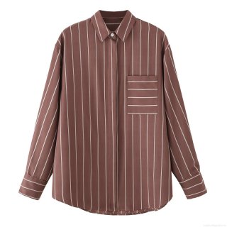 Women's Fashion Striped Shirt Long Sleeve Lapel Collar Button Down Blouse With Pocket Casual Office Commute Polyester Tops For Lady