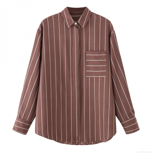 Women's Fashion Striped Shirt Long Sleeve Lapel Collar Button Down Blouse With Pocket Casual Office Commute Polyester Tops For Lady