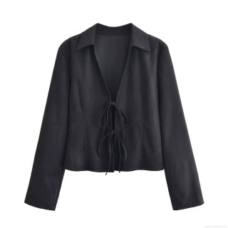 Elegant Women's Black Faux Suede Blouse Long Sleeve Tie-up Bow Front Slim Fit Top For Casual Party Dating