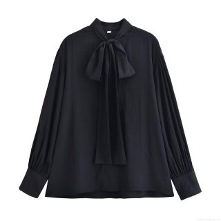 Women's Elegant Long Sleeve Bow Tie Blouse Solid Black Polyester Shirt Casual Office Party Tops Fashion Sweet Style Ladies Clothing