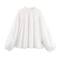 Women's Elegant White Combed Cotton Blouse Smocking Embroidery Long Bubble Sleeve Shirt Ruffle Stand Collar Casual Chic Poplin Top