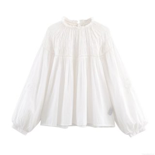 Women's Elegant White Combed Cotton Blouse Smocking Embroidery Long Bubble Sleeve Shirt Ruffle Stand Collar Casual Chic Poplin Top