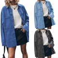 Women's Oversized Denim Shirt Jacket Long Sleeve Washed Cotton Blend Jean Tops Turn-down Collar Streetwear Outerwear With Big Pockets Vintage Casual Denim Blouse