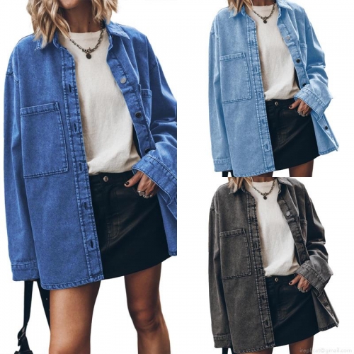 Women's Oversized Denim Shirt Jacket Long Sleeve Washed Cotton Blend Jean Tops Turn-down Collar Streetwear Outerwear With Big Pockets Vintage Casual Denim Blouse