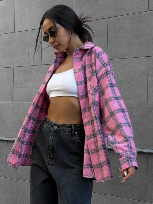 Women's Retro Plaid Cotton Blend Shirt Long Sleeve Lapel Button Down Loose Fit Blouse For Casual Streetwear Autumn Tops