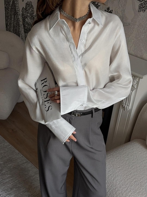 British Style Satin Finish Cotton Blend Long Sleeve Button Down Blouse Women's Elegant Solid Color Shirt Top for Office Party Daily Wear