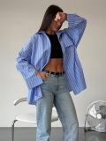Women's Oversized Vertical Striped Cotton Long Sleeve Shirt Casual Loose Button Down Blouse With Front Pockets Streetwear Fashion Tops