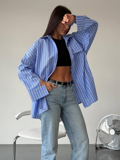 Women's Oversized Vertical Striped Cotton Long Sleeve Shirt Casual Loose Button Down Blouse With Front Pockets Streetwear Fashion Tops