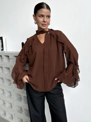 Women Polyester Chiffon Blouse Ruffle Flared Sleeve Tie Neck Bow Solid Color Elegant Office Work Streetwear Fashion Shirt Top