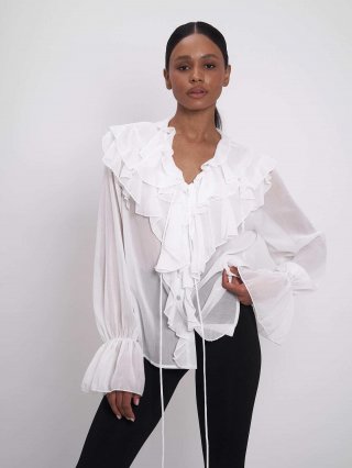 Women's Elegant Ruffle Blouse V Neck Puff Sleeve Cotton Blend Sheer Woven Shirt Casual Streetwear Tie Up Front Blouse For Women Party Daily Wear