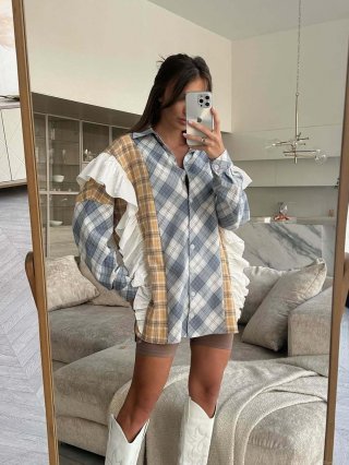 Women's Fashion Plaid Shirt Cotton Blend Contrast Color Patchwork Ruffle Long Sleeve Turndown Collar Single Breasted Loose Casual Blouse Streetwear Top